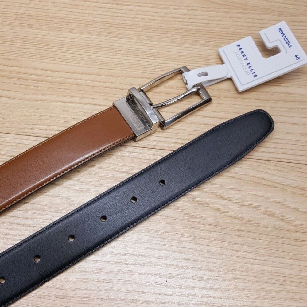 PERRY ELLIS Belt Mens Size 40 Cognac Brown Black Reversible Bonded Leather